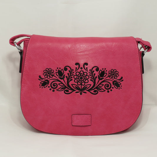 Růžová kabelka s černou výšivkou